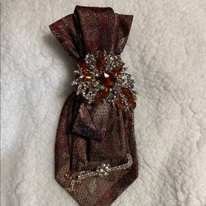 Embellished Brown Paisley Necktie Necklace with Amber & Crystal Brooch